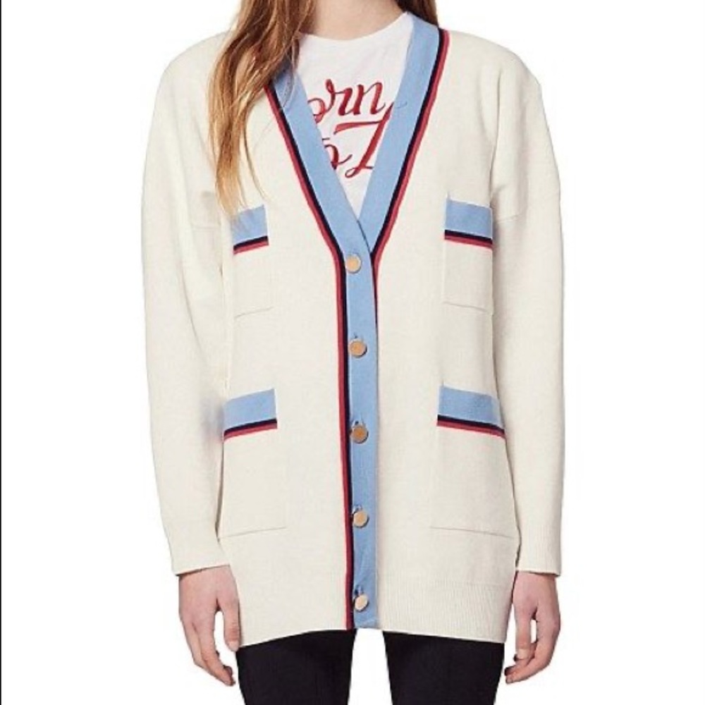 Sandro Paris Judith Contrast Trim Nautical Preppy Longline Button Front Cardigan